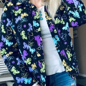 Vintage style Y2K colorful butterfly padded shoulder quilted embroidered jacket